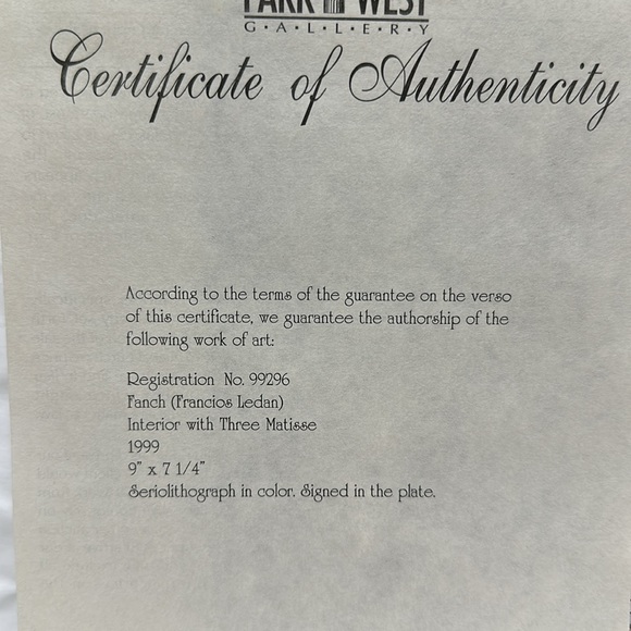 “Interior with Three Matisse” seriolithograph - Picture 8 of 10